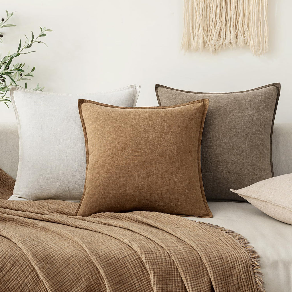 EMEMA Decorative Linen Throw Pillow Covers 24x24 Inch Brown Boho Farmhouse Neutral Couch Throw Pillows for Bed Pack of 2 Accent…