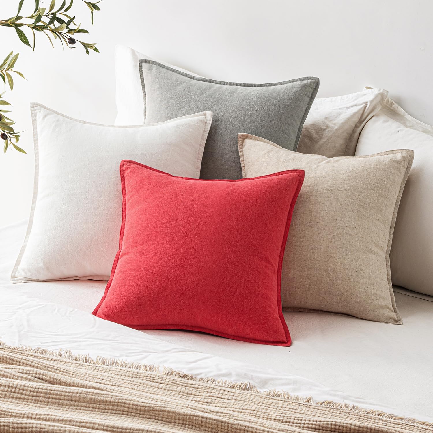 EMEMA Christmas Throw Pillow Covers Decorative Linen Pillow Covers 24x24 Inch Red Boho Farmhouse Neutral Couch Throw Pillows for Bed Pack…