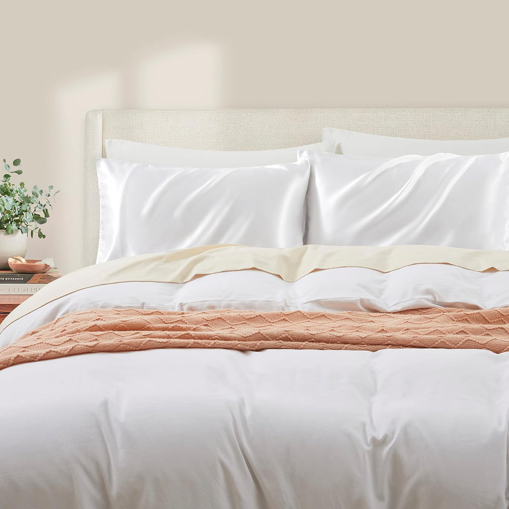 HommxJF White King Size Satin Pillowcases Set of 2 for Hair and Skin, White Silk Pillowcase Breathable Pillowcase with Envelope Closure White