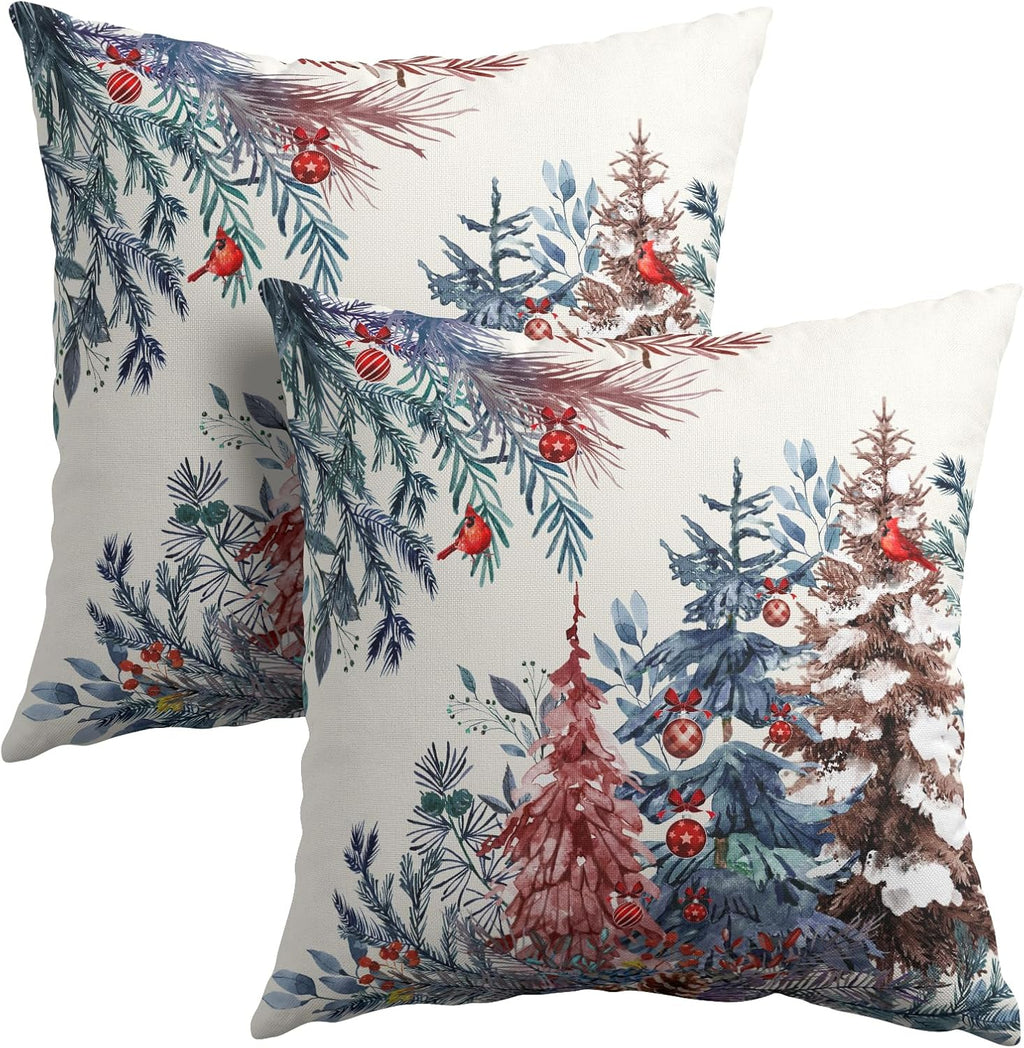 Granbey Christmas Tree Throw Pillow Covers 16x16 Inch Set of 2 Winter Watercolor Pine Trees Red Berry Bells Birds Decorative Pillowcase Xma…