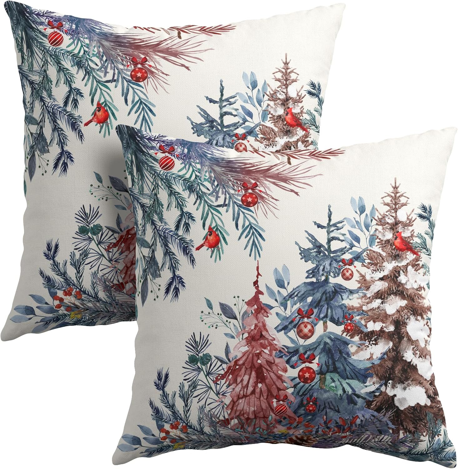 Granbey Christmas Tree Throw Pillow Covers 18x18 Inch Set of 2 Winter Watercolor Pine Trees Red Berry Bells Birds Decorative Pillowcase Xma…