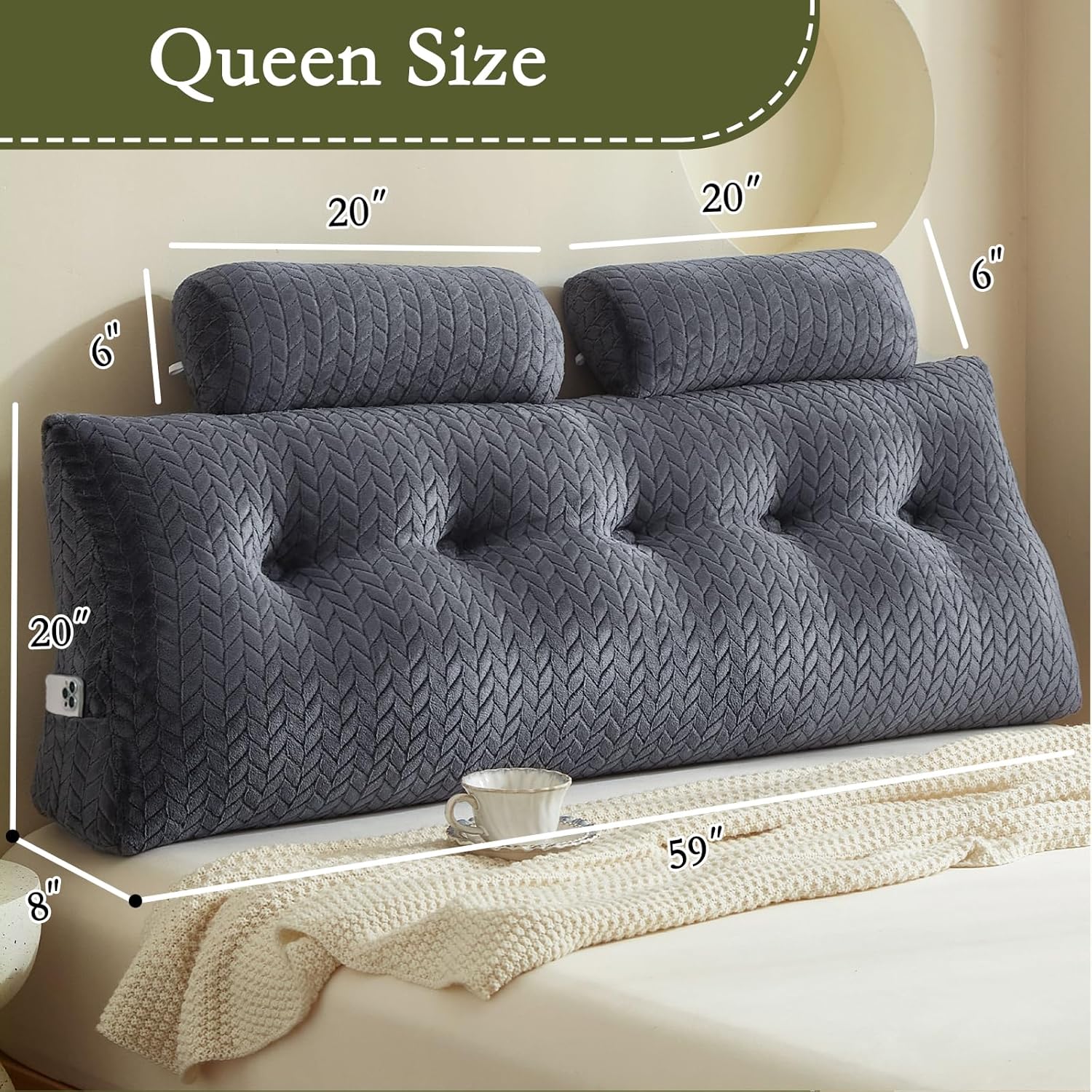 Yourmoon YOUR MOON Wedge Headboard Pillow Queen Size, Triangular Wedge Backrest Pillow with 1 Pack Neck Roll Pillows, Headboard Pillow for…