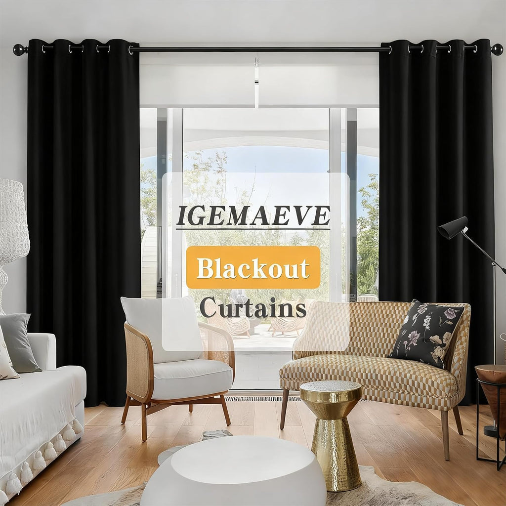 Igemaeve Black Out Curtains 84 Inch Long for Bedroom Living Room, 100% Blackout Curtains for Movie Theater Dining Room, Grommet Energy Savi…