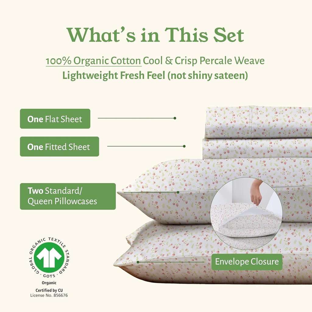 CaliforniaDesignDen California Design Den Full Sheet Set Floral, 100% Organic Cotton Percale Sheets, Deep Pocket Full Sheets & Pillowcase S…