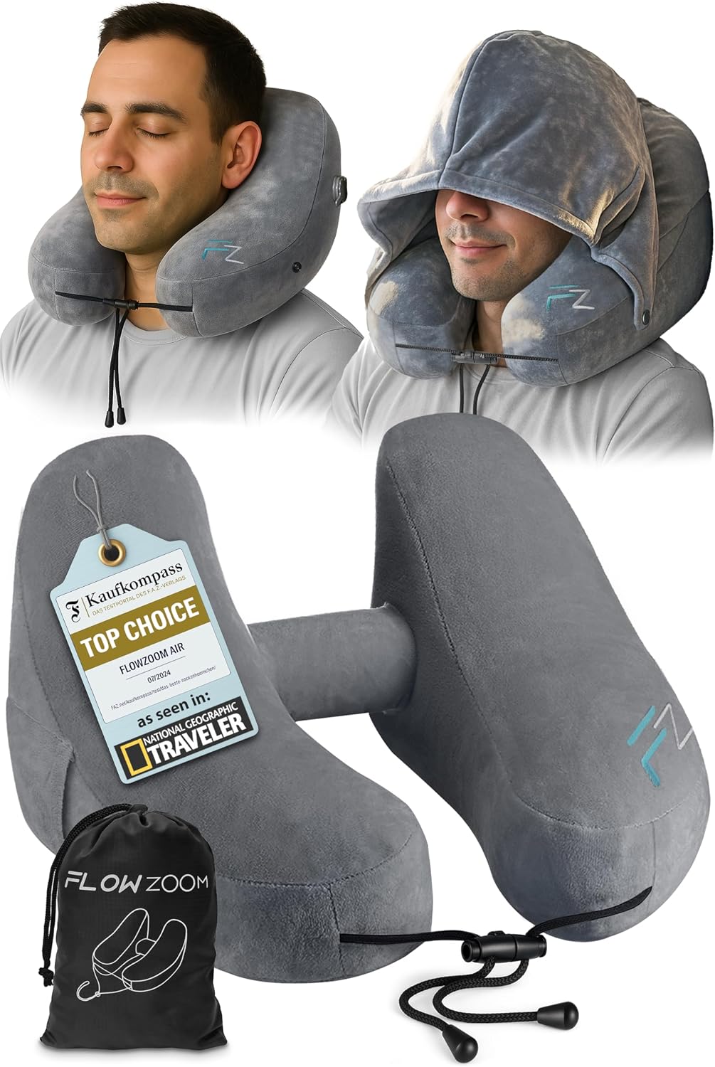 FLOWZOOM Air Inflatable Neck Pillow for Traveling on Plane - H-Shape Hooded Travel Pillow with 5 Snooze Modes, Fast Inflation, Pressure…
