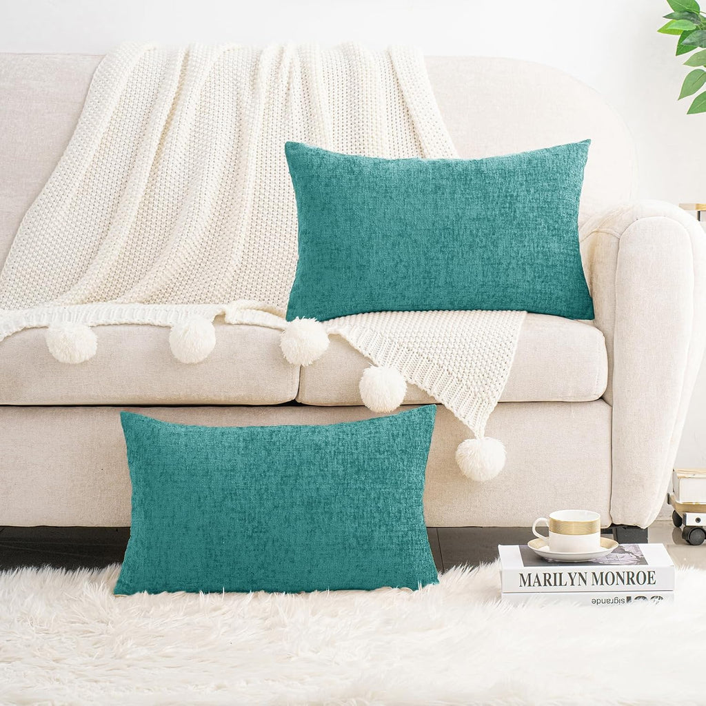 Hwy50 HWY 50 Teal Lumbar Pillow Covers 12x20 Inch Pack of 2, Soft Chenille Decorative Throw Pillow Covers Farmhouse for Couch Sofa Living R…