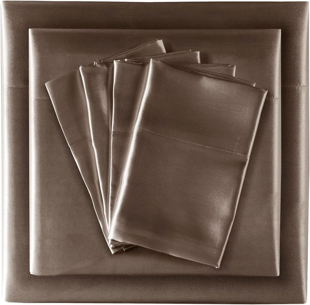 Madisonpark Madison Park - SHET20-181 Satin Wrinkle-Free Luxurious and Silky with 16" Deep Pocket 6 Piece Durable Sheet Set, Full, Chocolate