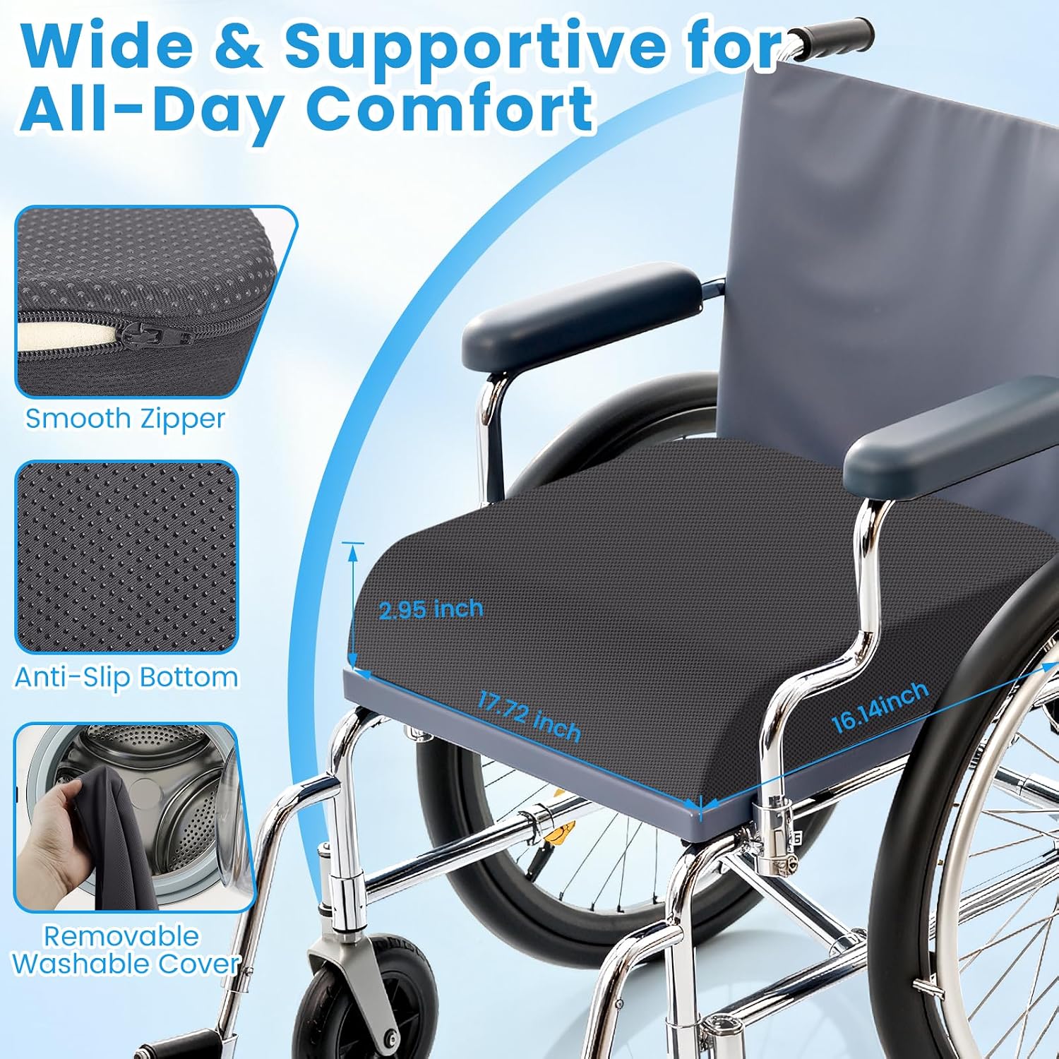 Wheelchair Seat Cushion - Cooling Gel & Memory Foam Office Chair Cushion with Non-Slip Bottom & Washable Cover, Ergonomic Car Seat Pillow…