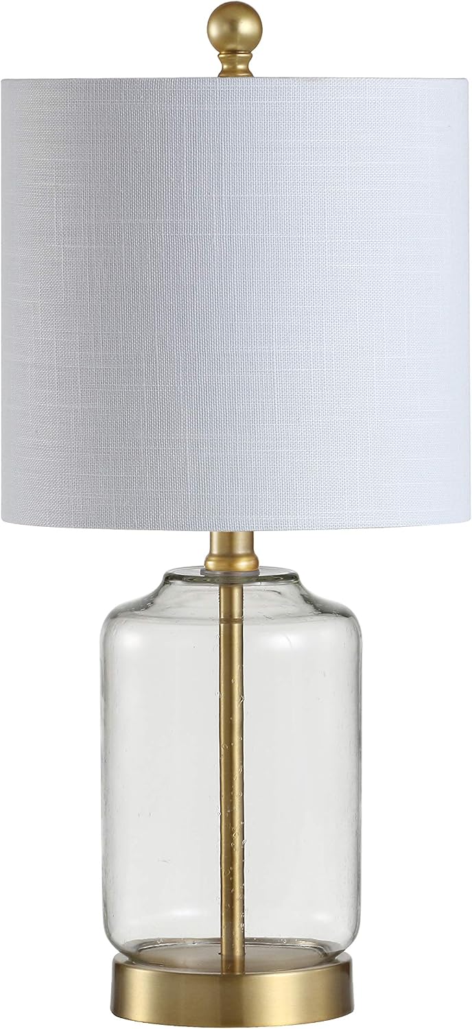 JONATHAN Y 19.5" Brass Gold and Clear Glass Table Lamp, Glam Transitional Bedside Lamp for Living Room Nightstand, White Linen Drum…