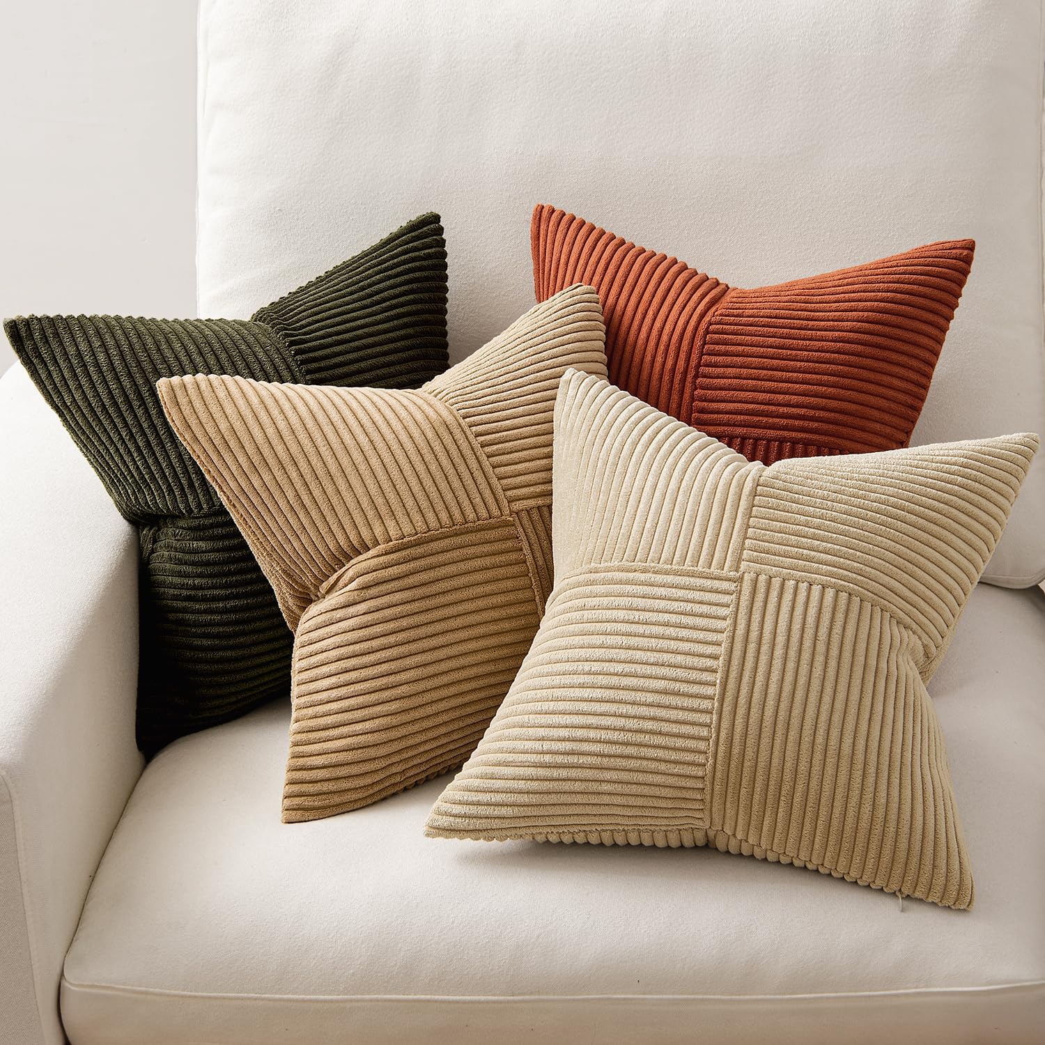Miulee Rust-Olive Green Decorative Throw Pillow Covers 16x16 Inch Set of 4 Boho Color-Clash Cushion Cases Farmhouse Pillow Cases Corduroy S…