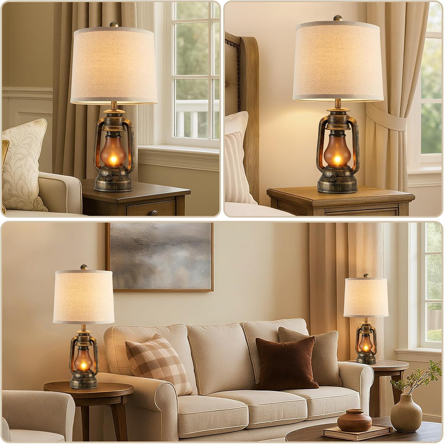 Set of 2 Farmhouse Lantern Table Lamps for Living Room with 2 USB Charging Ports, Rustic Vintage Nightstand Lamps with Nightlight for…
