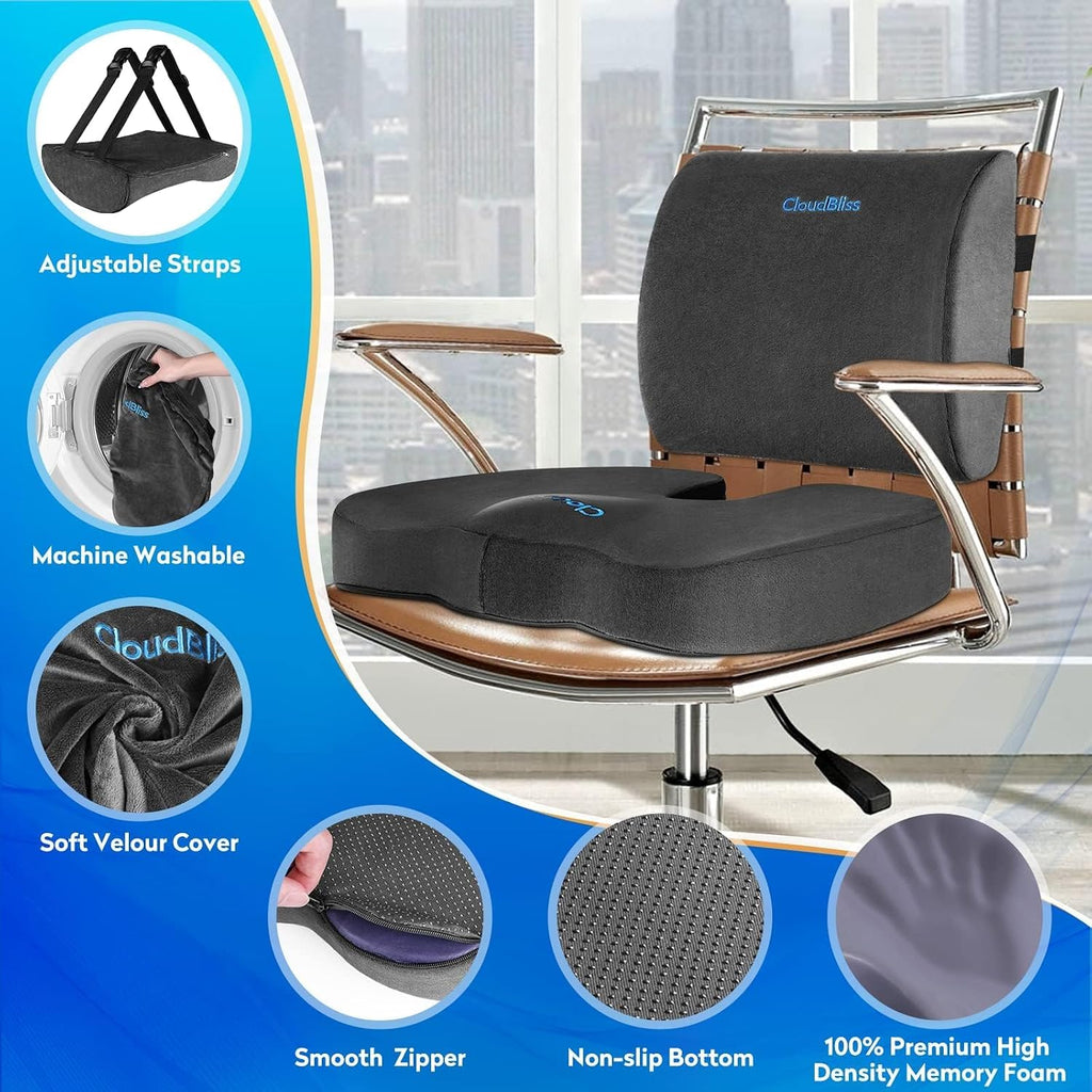CloudBliss Lumbar Support Pillow & Seat Cushion Set for Office Chair, Desk Chair, Wheelchair & Car–Memory Foam Back Support, Ergonomic Chai…