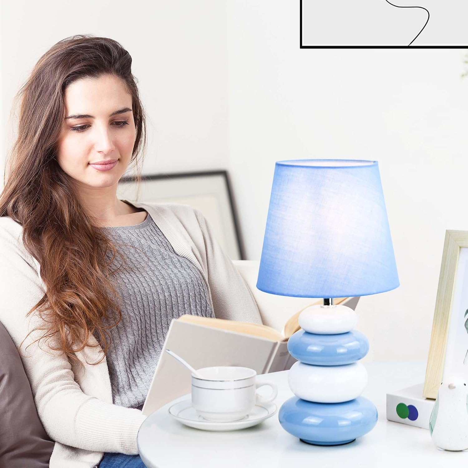 Ange Light Blue Small Table Lamp for Living Room as Bedside Table Lamp for Bedroom, Modern Ceramic Kids Night Table…