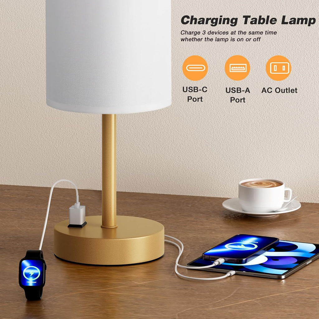 Fenmzee Gold Nightstand Bedroom Lamp - 3 Way Dimmable Bedside Lamp USB C A Charging Ports and AC Outlet, Small Table Lamp Linen Lampshade…