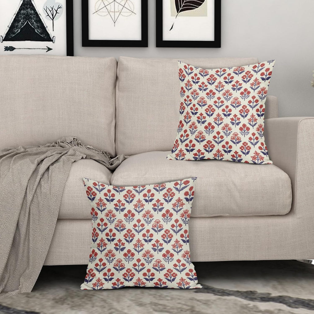 4th of July Patriotic Floral Block Print Pillow Covers 22x22 Inch Set of 2, Navy Blue Red Vintage Flower Decorative Throw Pillowcases…