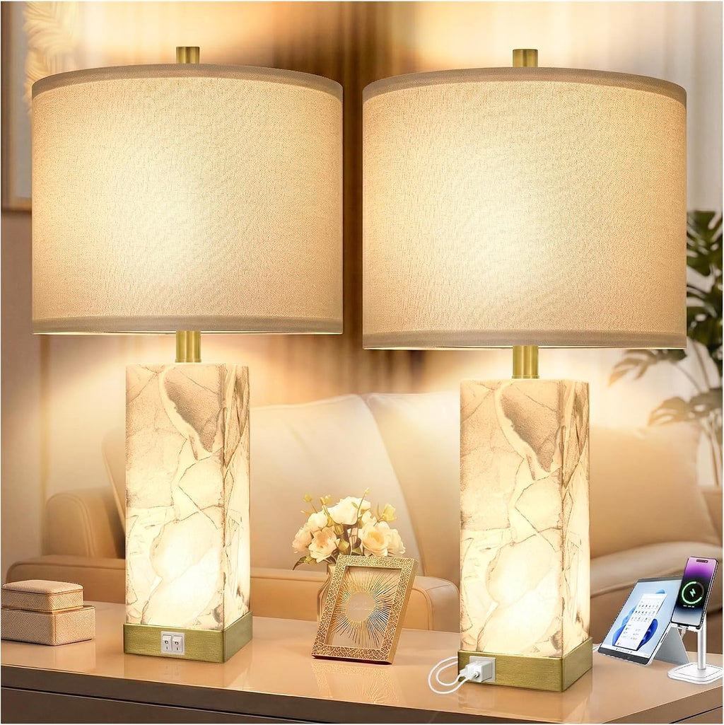 Scenekoy 23" Alabaster Table Lamps Set of 2 for Living Room Bedroom, Bedside Lamps with USB A+C Ports, Modern Table Lamp with Linen Shade…