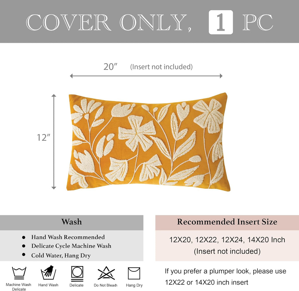 BlissBlush 12x20 Lumbar Pillow Cover, Mustard Yellow Rectangular Decorative Throw Pillowcase for Couch Sofa, Floral Tufted Embroidered…