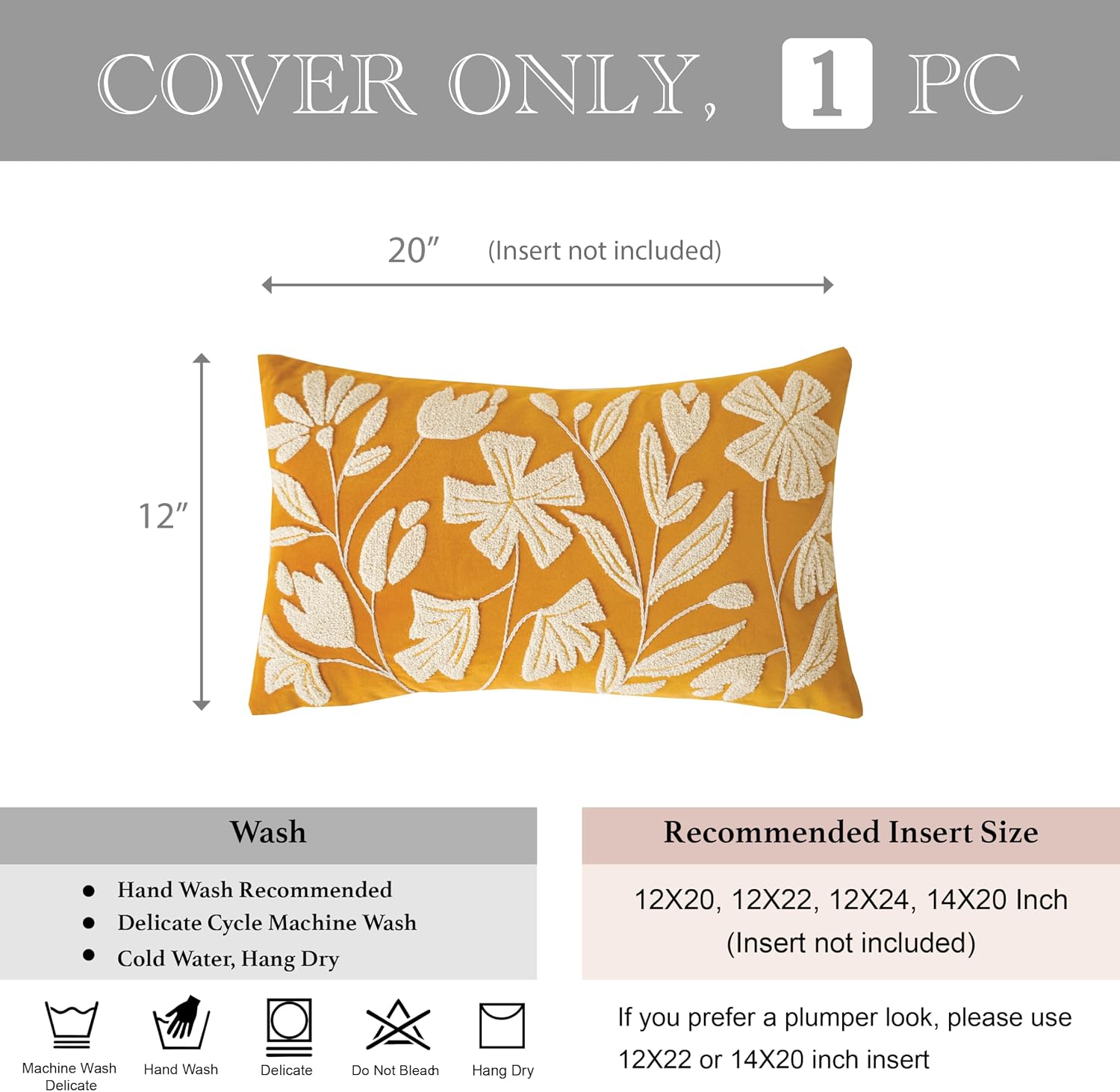 BlissBlush 12x20 Lumbar Pillow Cover, Mustard Yellow Rectangular Decorative Throw Pillowcase for Couch Sofa, Floral Tufted Embroidered…