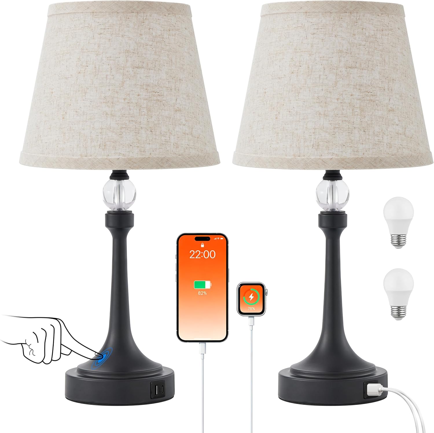 19.7'' Touch Table Lamps for Living Room, Small Lamp for Bedroom with USB C+A Ports, Dimmable Touch Lamps Set of 2, Reading Desk Lamp for…