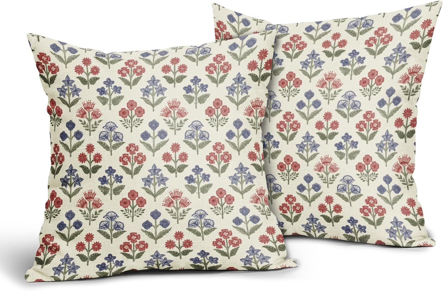 4th of July Patriotic Floral Pillow Covers 16x16 Inch Set of 2, Navy Blue Red Green Flower Block Print Decorative Throw Pillowcases…