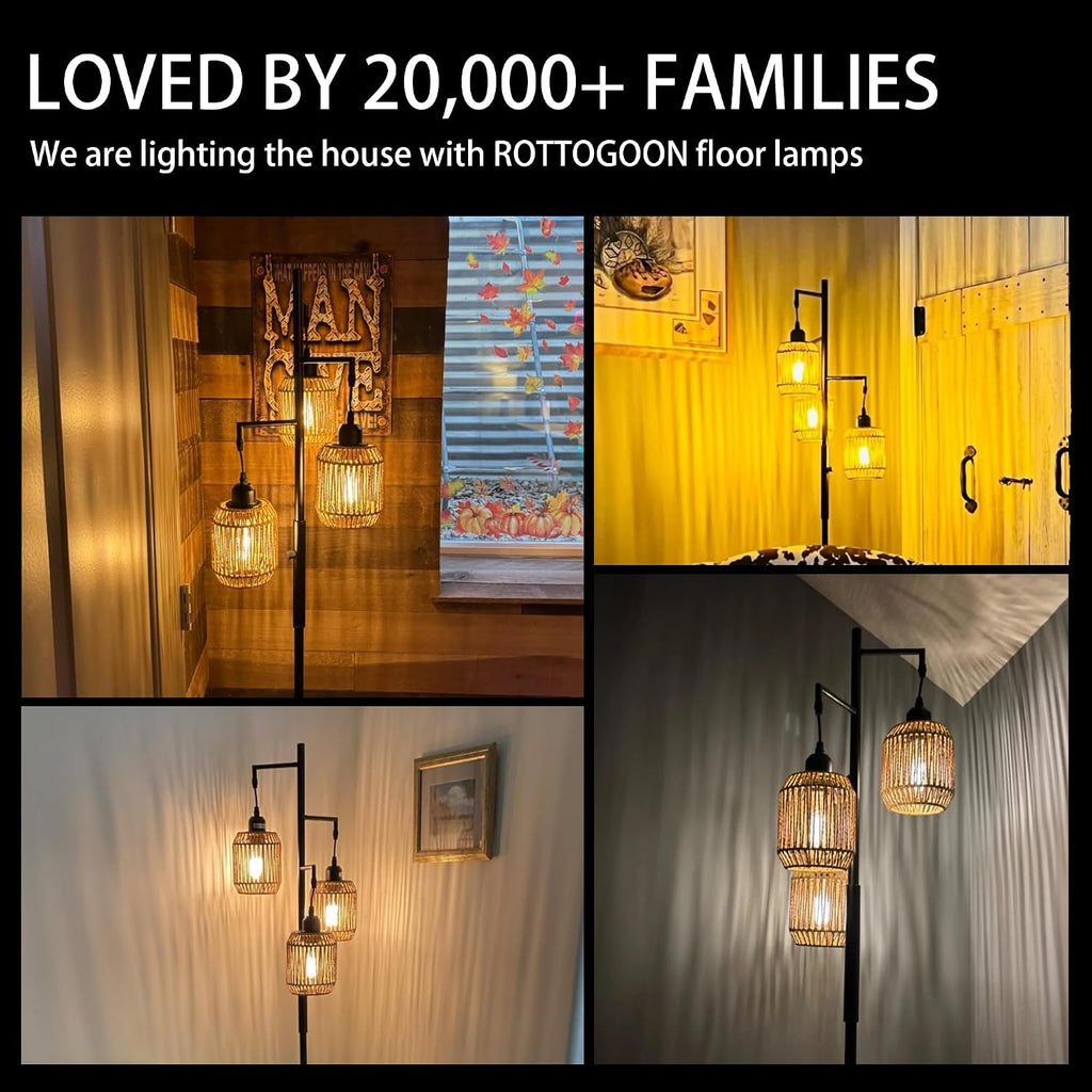 ROTTOGOON Dimmable Boho Floor Lamp - 3 Light Farmhouse Rattan Floor Lamp for Living Room, Industrial Tree Floor Lamps with 3 X 6W LED…