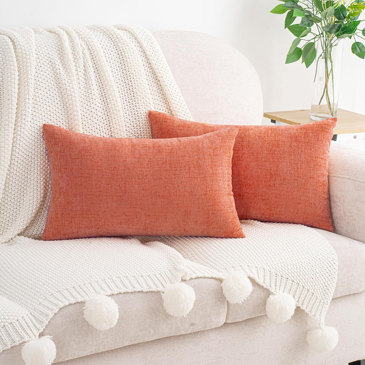 Hwy50 HWY 50 Coral Pink Lumbar Pillow Covers 12x20 Inch Pack of 2, Soft Chenille Decorative Throw Pillow Covers Farmhouse for Couch Sofa Li…