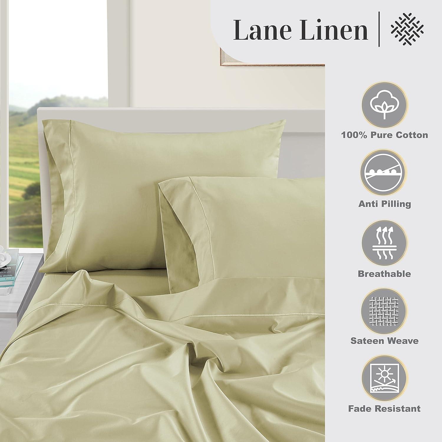 LaneLinen Pillow Case Covers King, Set of 2, 100% Egyptian Cotton Sateen, Soft Cool & Smooth Pillow Cases - Seafoam Cotton