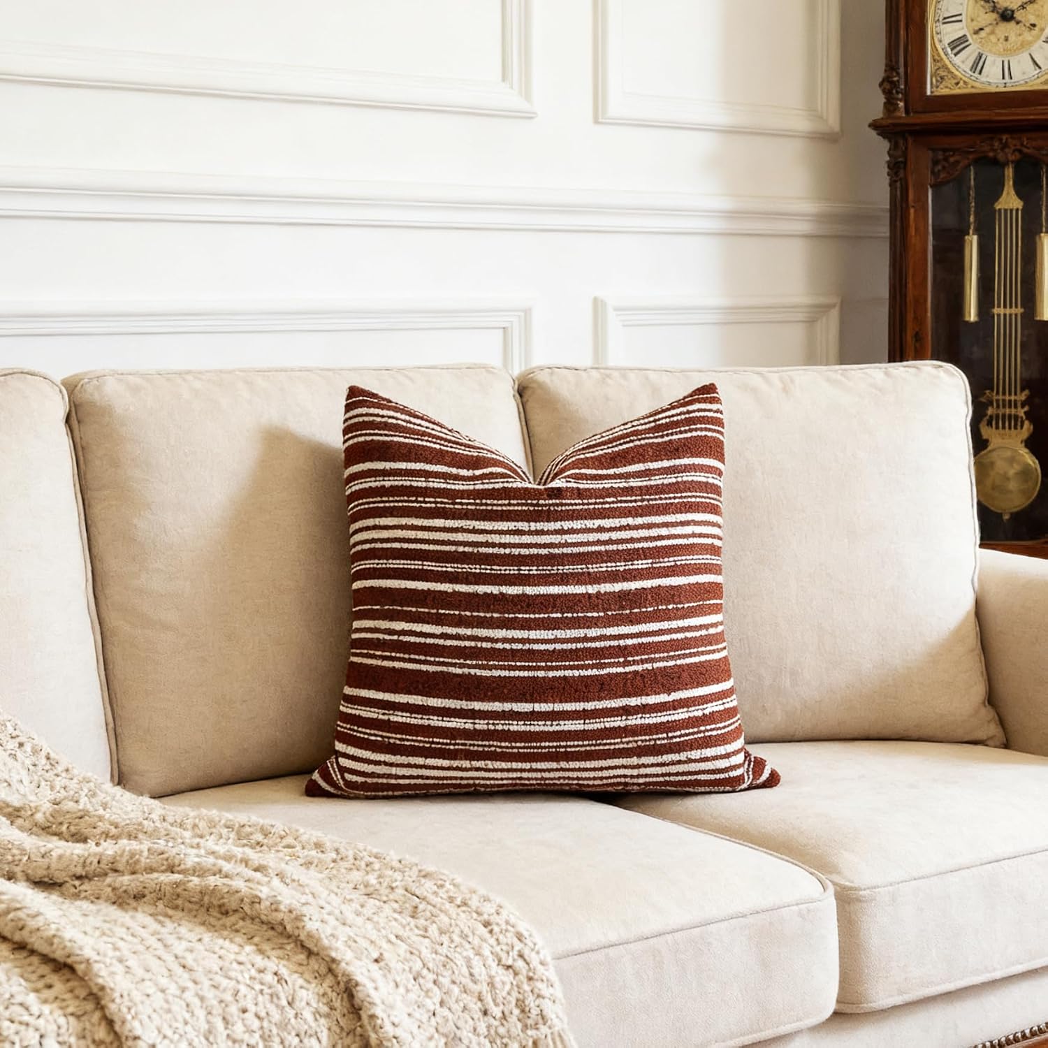 Slow Cow Boho Chenille Textured Woven Stripe Throw Pillow Covers Decorative Cushion Cover Square Pillow Cover Accent Neutral Pillowcase…