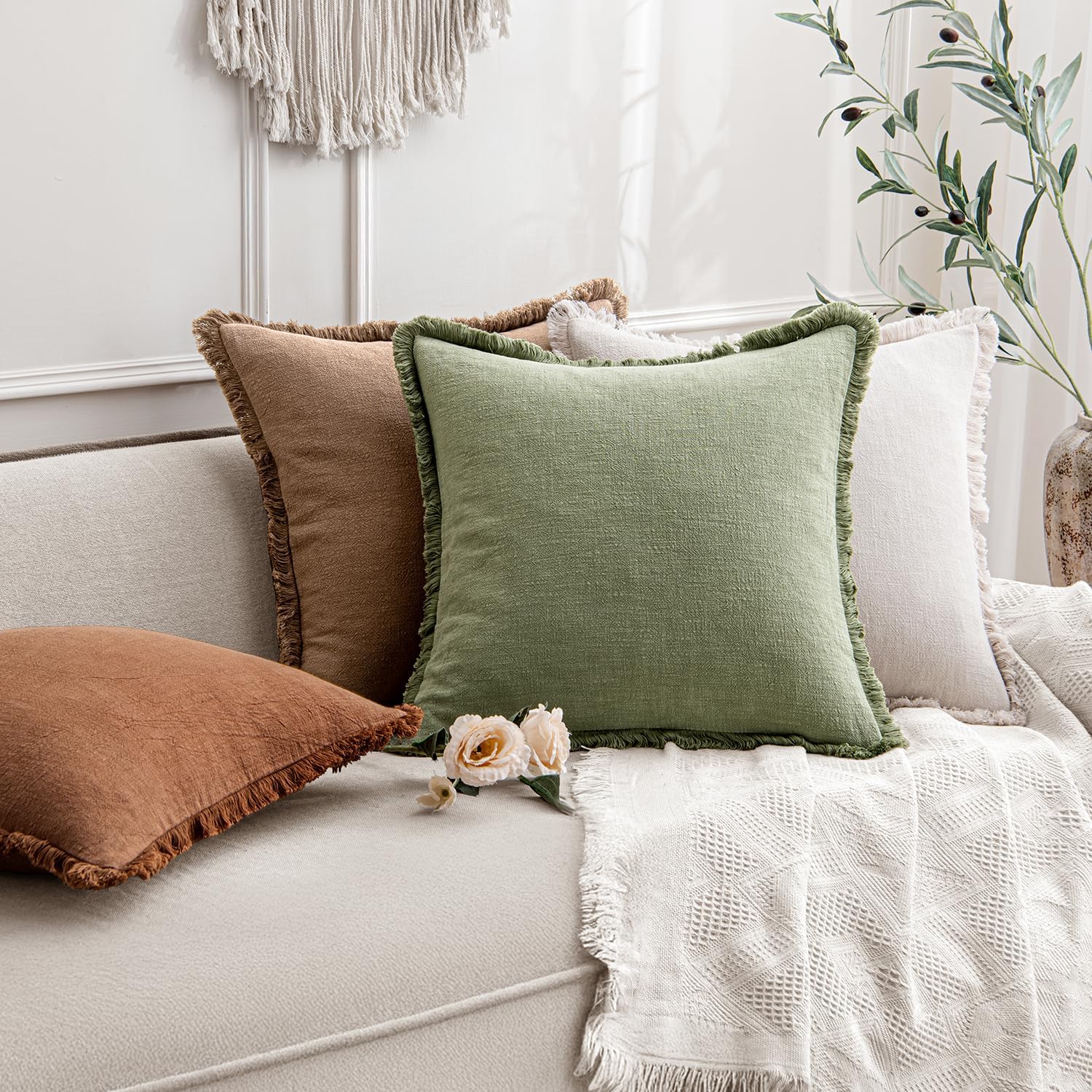 Anroduo Set of 2 Decorative Throw Pillow Covers 16×16 Inch Soft Linen Fringe Farmhouse Boho Vintage Cushion Covers with Tassels Accent Pill…