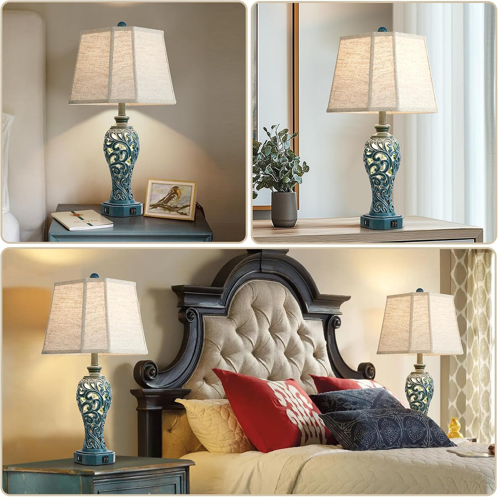 25'' Farmhouse Table Lamps Set of 2 for Living Room Bedroom, 2 USB Ports Coastal Vintage Table Lamp with Nightlight, Blue Green Hollow…