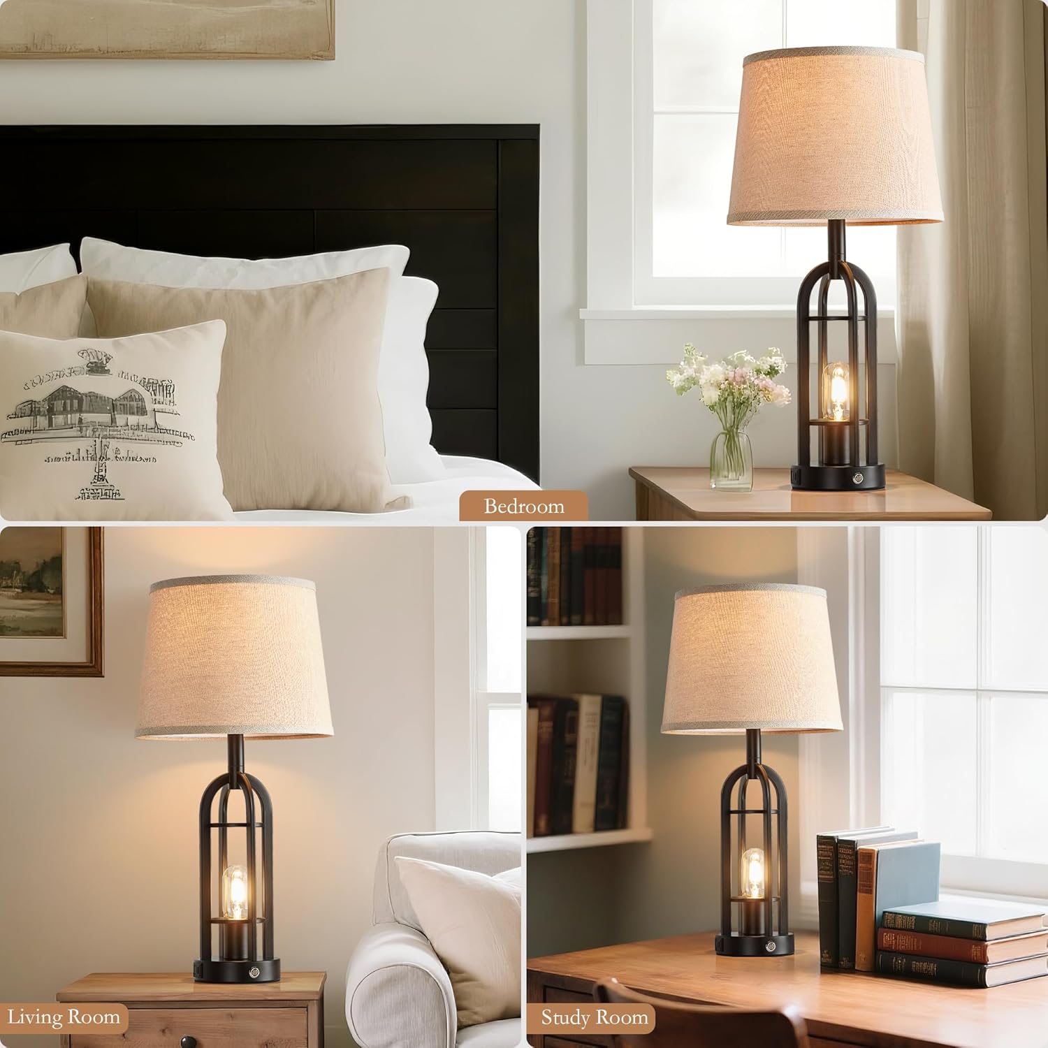 SRJJA 24" Table Lamps for Living Room Set of 2, Farmhouse Industrial 3-Way Dimmable Touch Bedside Lamps with USB A+C for Bedroom…