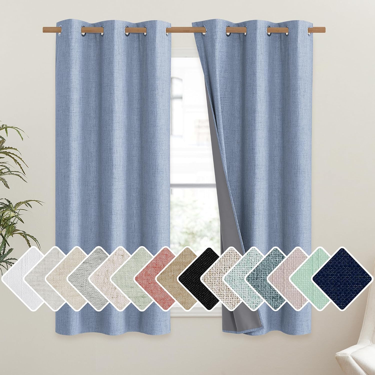 NICETOWN Stone Blue Vintage Linen 100% Blackout Curtains for Dining Room, Thermal Insulated Curtains 54" Long, Noise Reducing Window…
