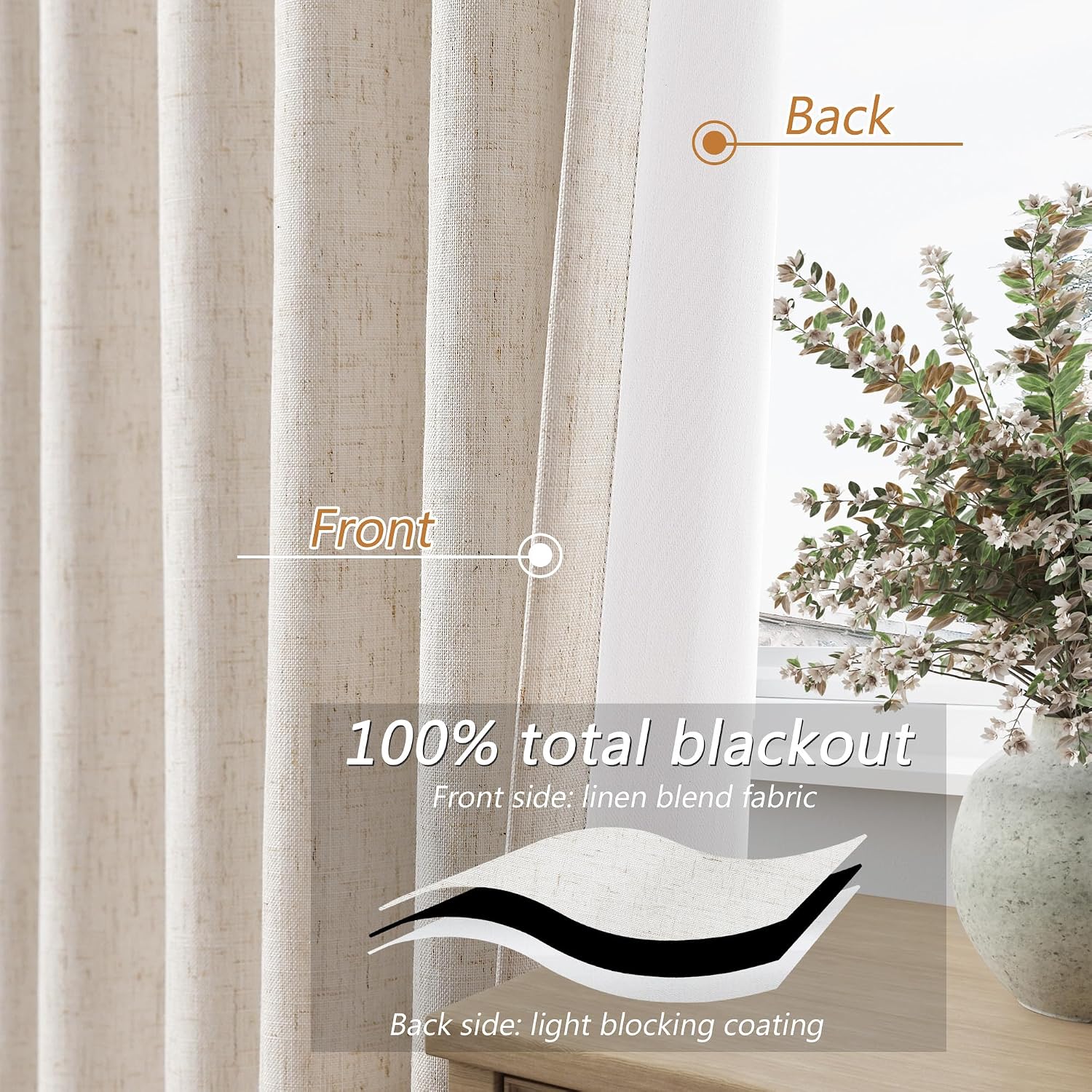 Guken 100% Blackout Linen Curtains 144 Inch Length 2 Panels Set for Living Room Bedroom Back Tab Thermal Insulated Black Out Drapes Room Da…