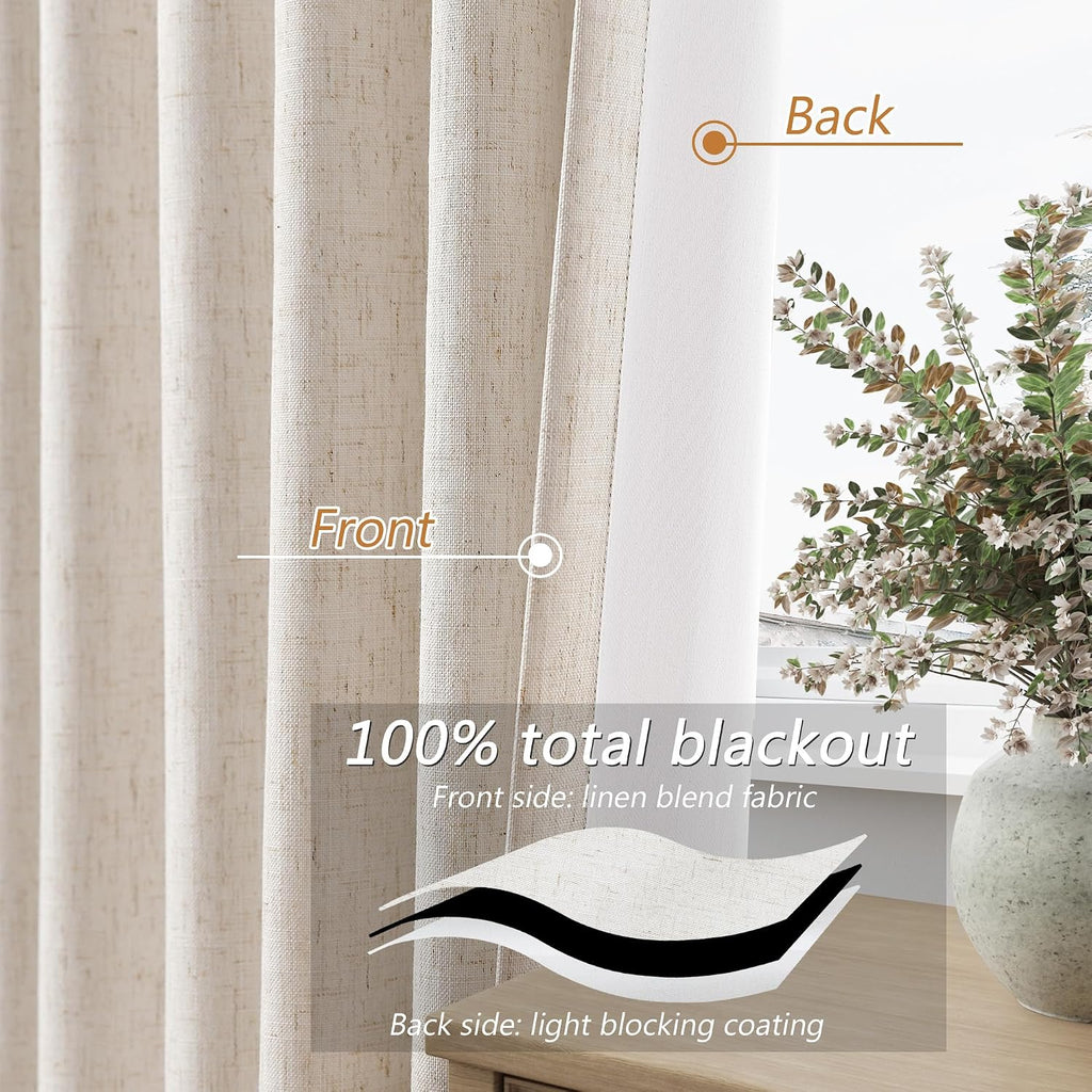 Guken 100% Blackout Linen Curtains 80 Inch Length 2 Panels Set for Living Room Bedroom Back Tab Thermal Insulated Black Out Drapes Room Dar…
