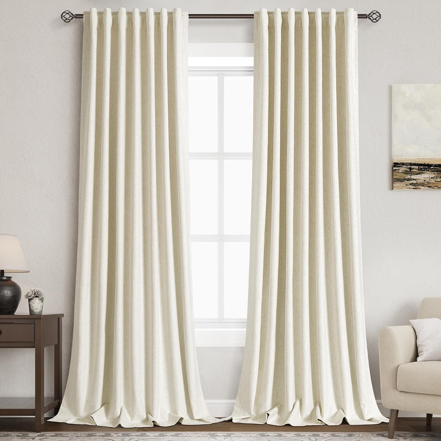 Nanspring Warm Beige 100% Blackout Linen Curtains for Bedroom 90 Inches Long Back Tab Thermal Insulated Modern Farmhouse Decor Black Out Cu…
