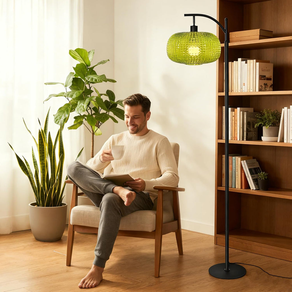 Floor Lamp for Living Room with Green Glass Shade, Modern Standing Lamp with Remote Control, Black Dimmable Tall Lamp for Bedroom Office…