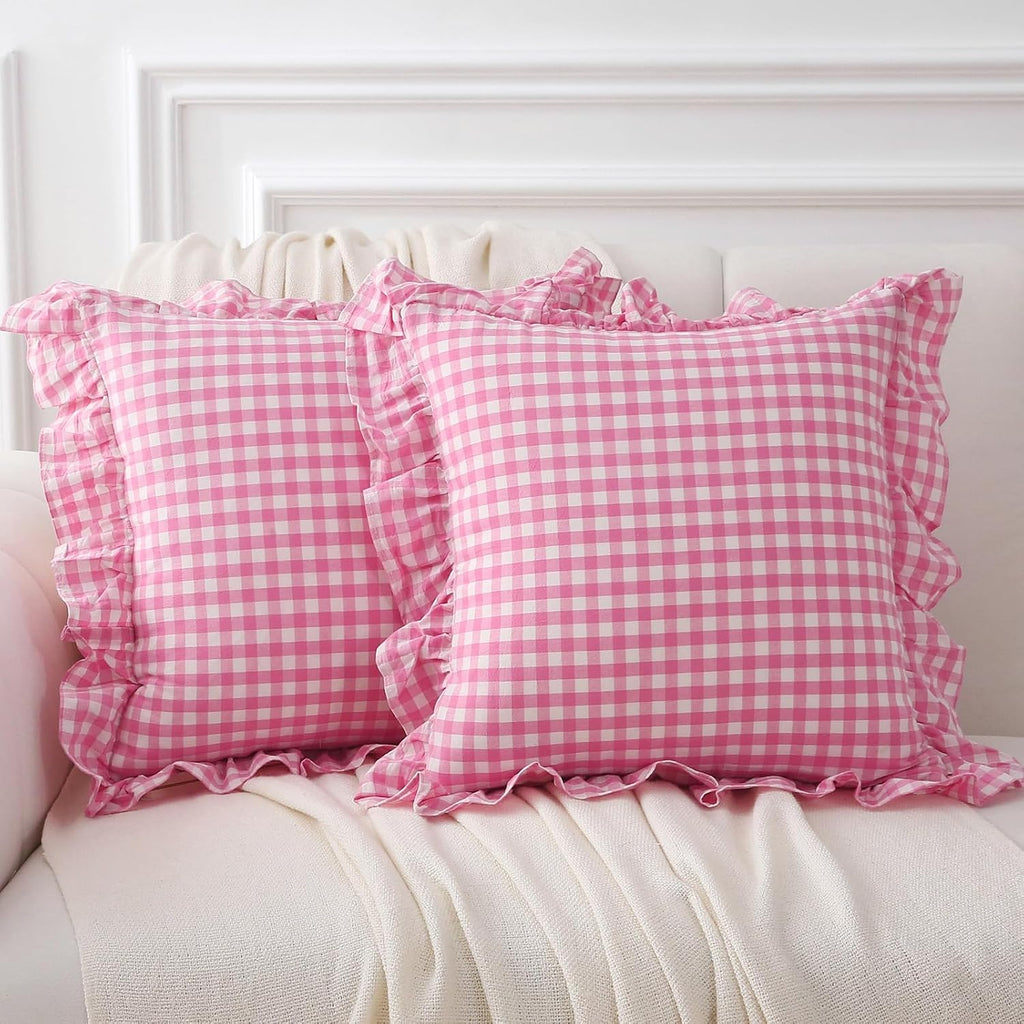 Kmasaniji 2 Pack Pink White Plaid Ruffle Gingham Throw Pillow Covers, 100% Washed Cotton Buffalo Checkered Farmhouse Pillow Shams - 18‘’x18…