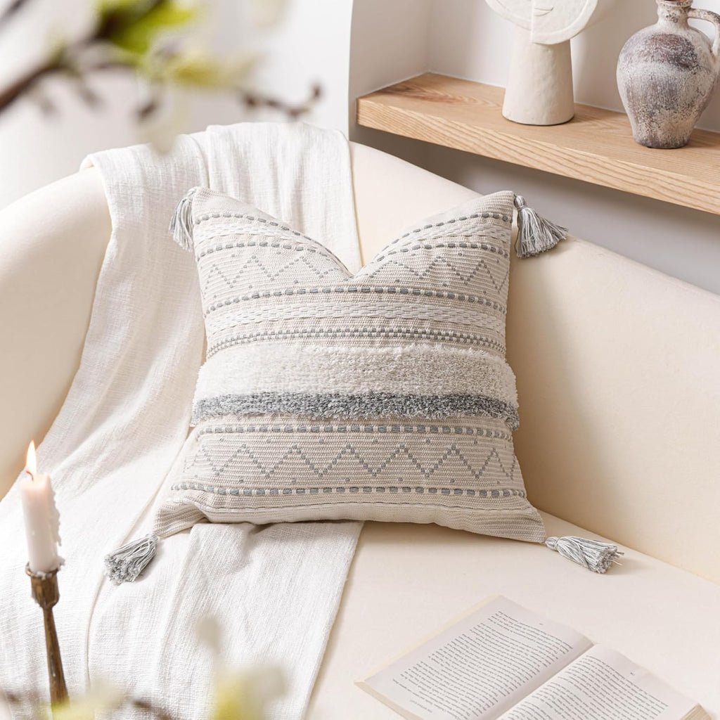 BlissBlush 20X20 Throw Pillow Cover, Cream Neutral Square Decorative Cushion Cover with Gray Pattern, Boho Accent Pillowcase with Tufted…