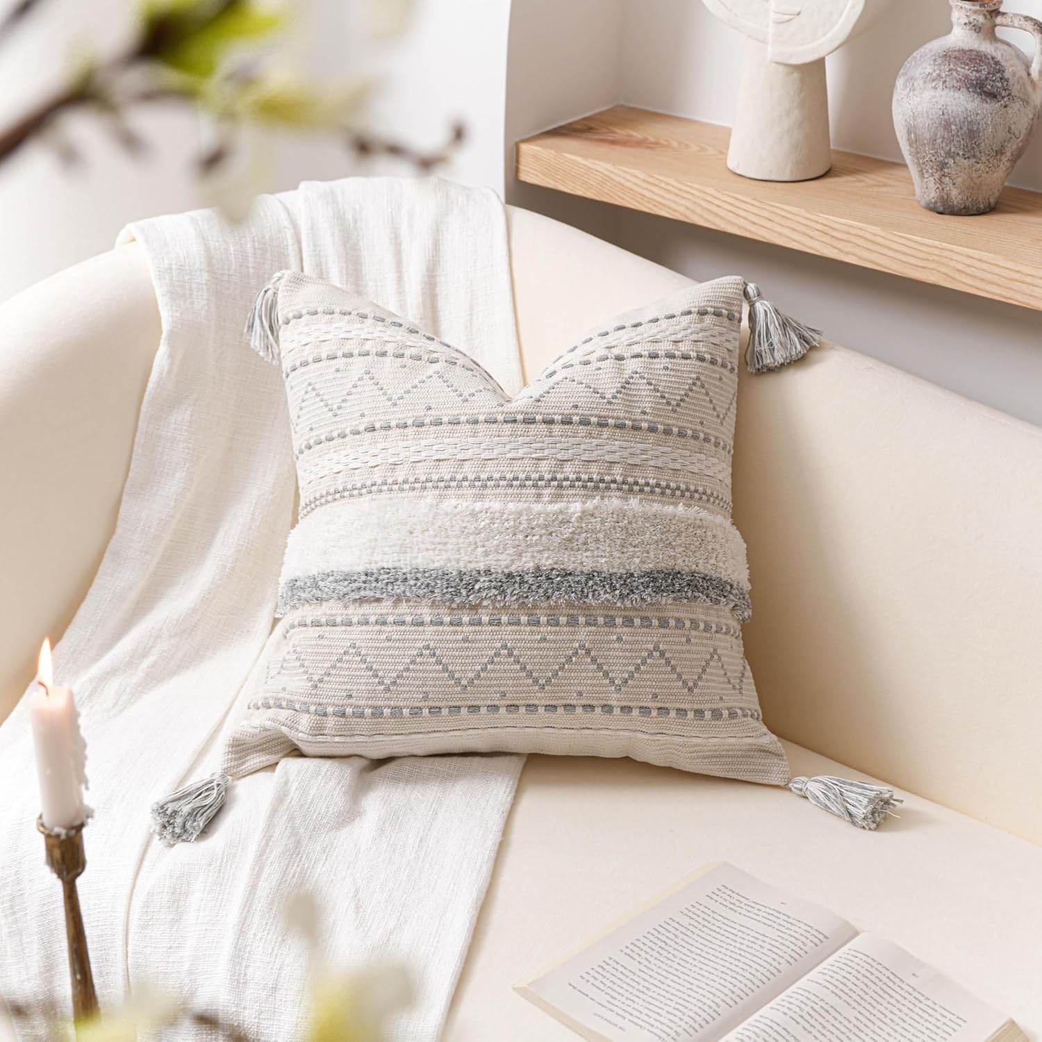 BlissBlush 20X20 Throw Pillow Cover, Cream Neutral Square Decorative Cushion Cover with Gray Pattern, Boho Accent Pillowcase with Tufted…