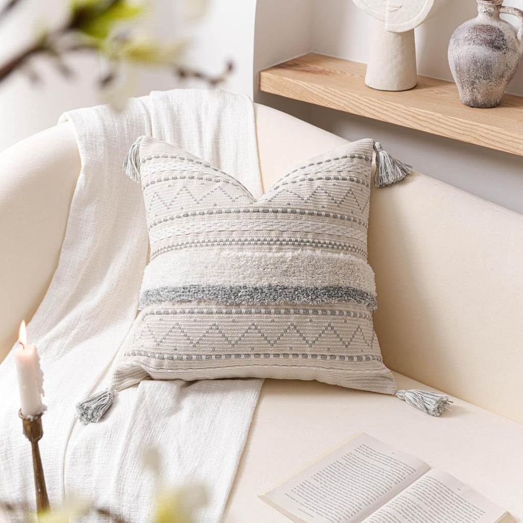 BlissBlush Gray Decorative Throw Pillow Covers 20x20 Combo Set of 2 Square Boho Neutral Grey Accent Pillowcase Tassels Farmhouse Cushion…