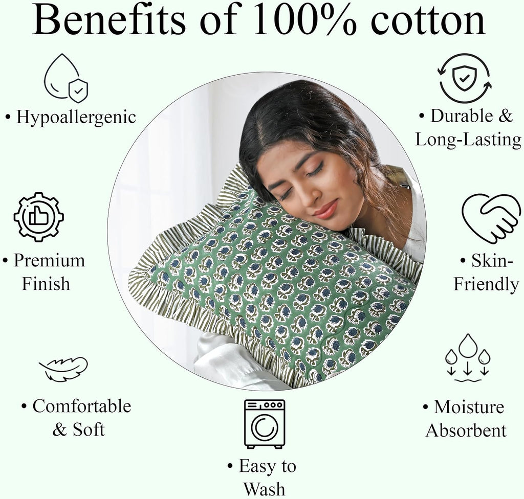 Ridhi Block Print Basil Green 20"x12" Set 1-100% Cotton Ruffle Lumbar Sham Cover Boho Floral Pillowcase, Farmhouse Cottagecore Bedding…
