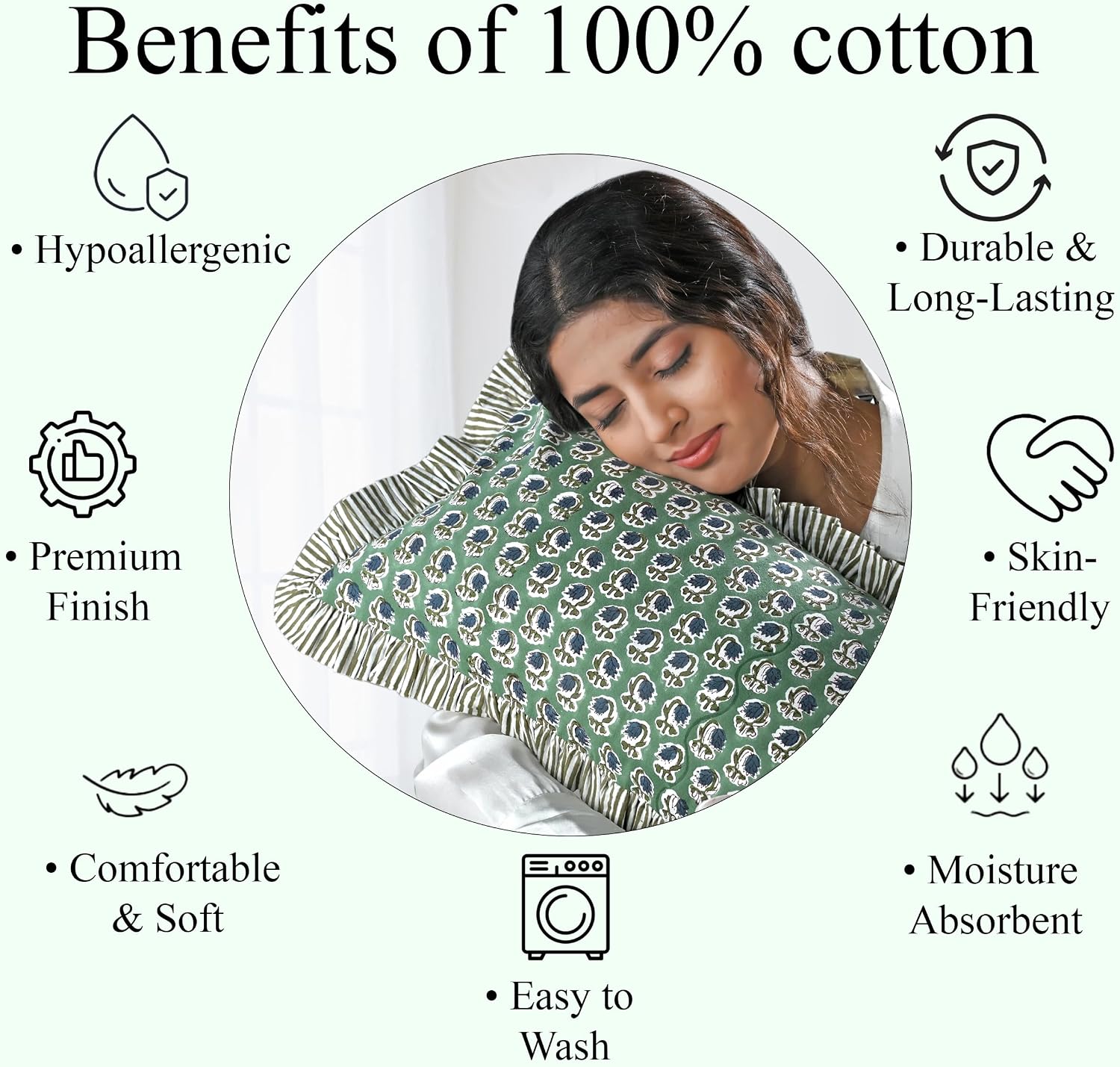 Ridhi Block Print Basil Green 20"x12" Set 1-100% Cotton Ruffle Lumbar Sham Cover Boho Floral Pillowcase, Farmhouse Cottagecore Bedding…