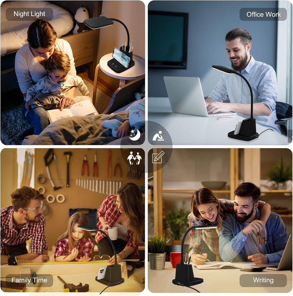 Desk Lamp, LED Desk Lamps for Home Office, Wireless Charger Small Desk Lamp with Pen Holder, 3 Color Modes, Dimmable, CRI 85, 800LM…