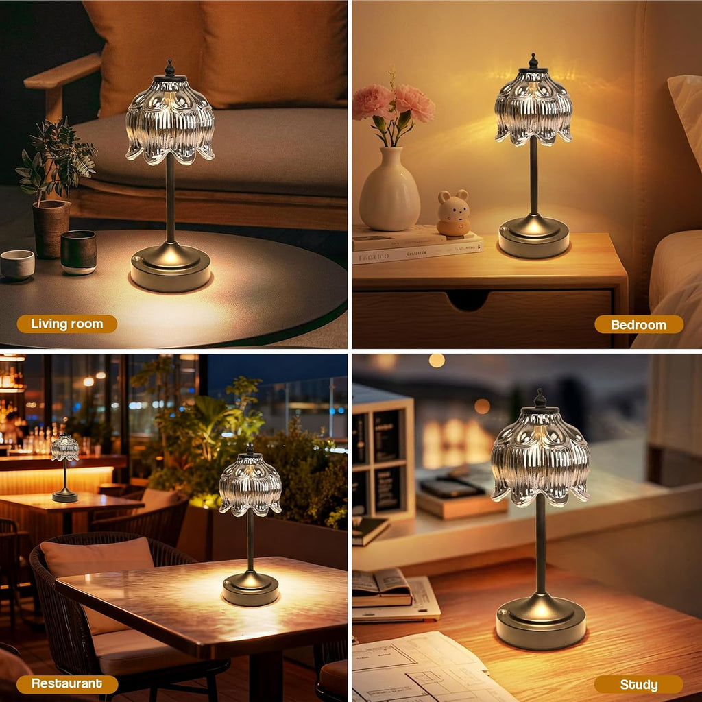 Cordless Lotus Flower Table Lamp, 5200mAh Rechargeable Battery Operated Portable Lamp, 3-Color Dimmable Touch Control Small Desk Lamp for…