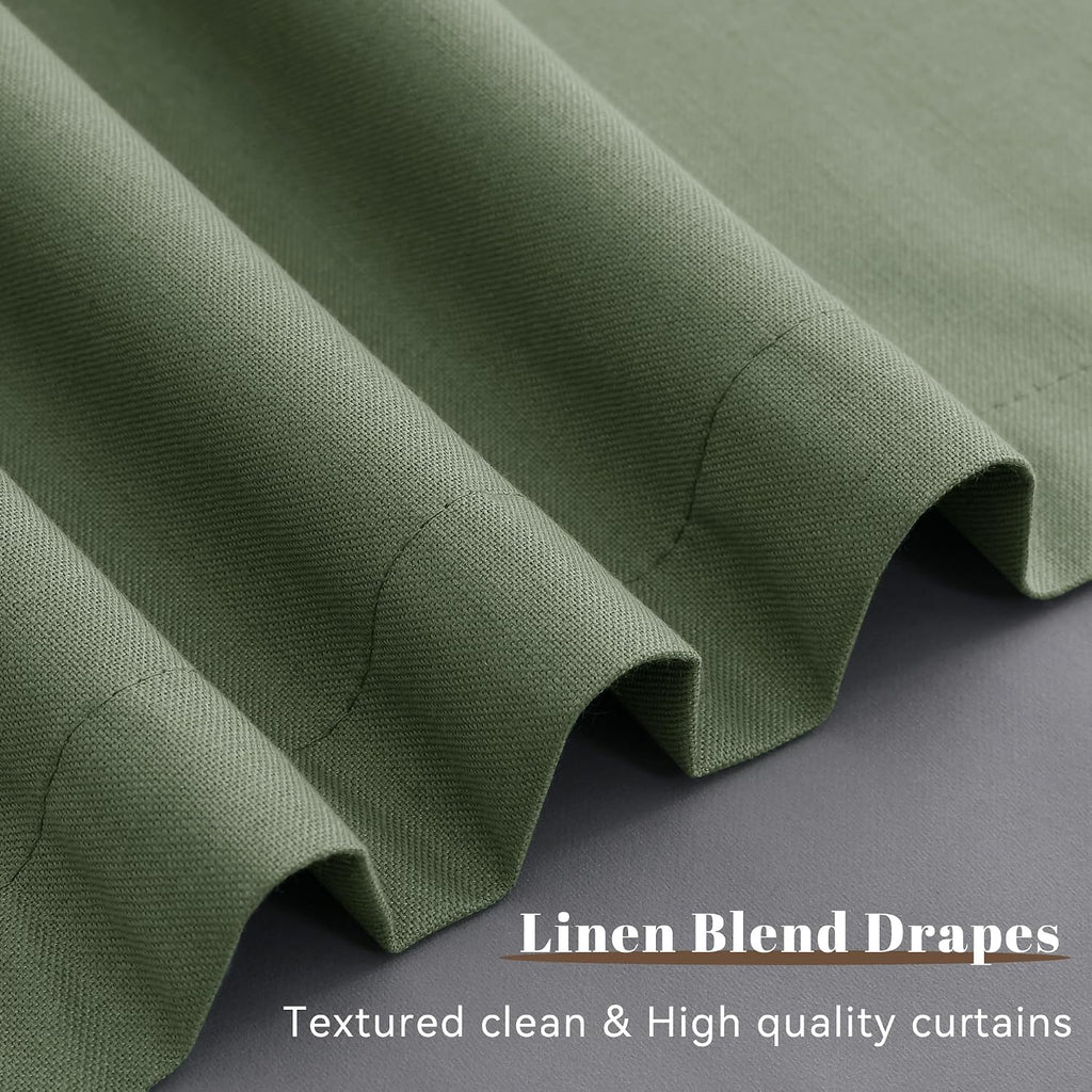 Guken Olive Green 100% Blackout Linen Curtains for Bedroom 105 Inches Long Back Tab Hook Belt Textured Elegant Country Black Out Room Darke…