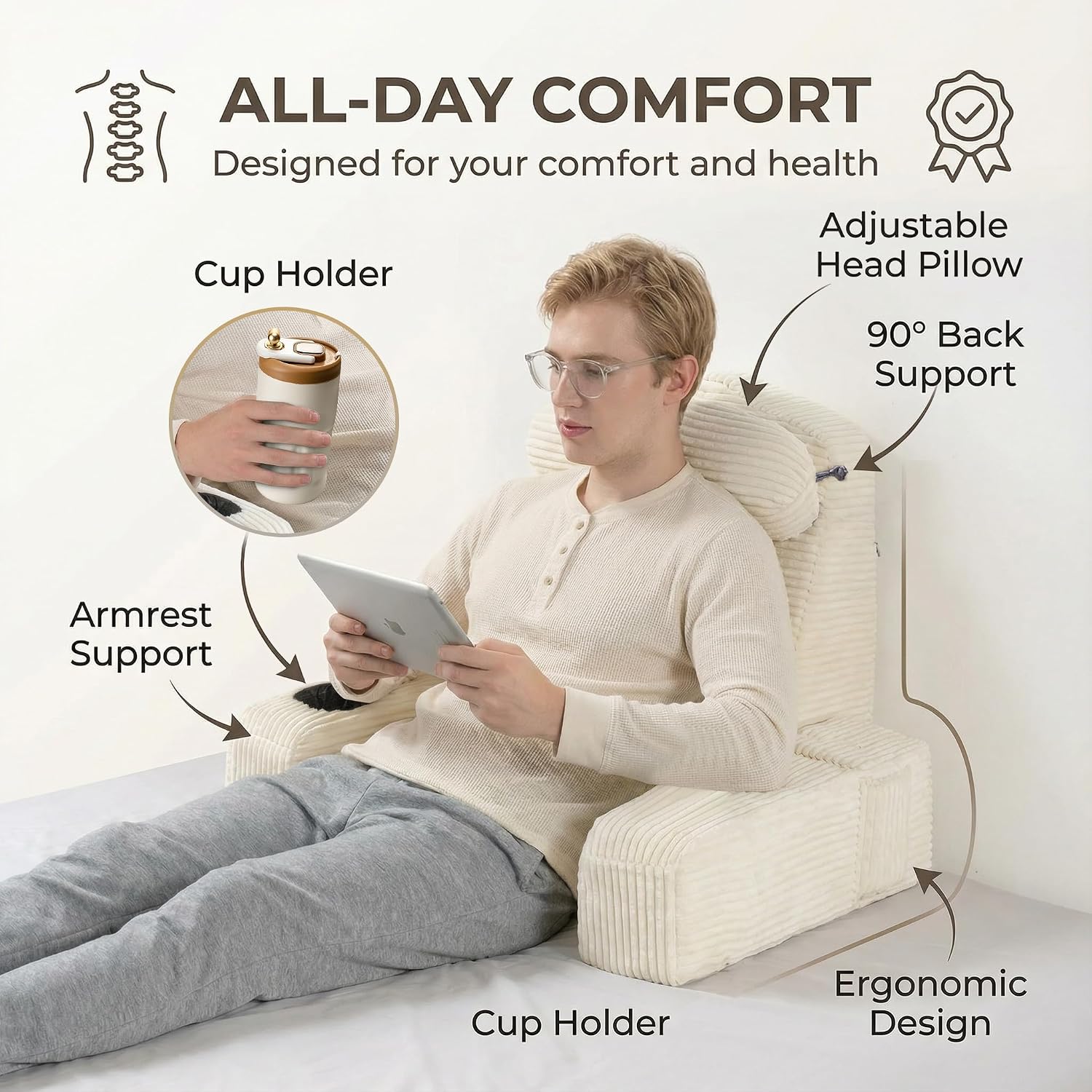 Asawesling Reading Pillow for Adults, Back Pillow for Bed Sitting Up, Backrest Pillow for Sitting in Bed, Detachable Arms with Built-in Cup…