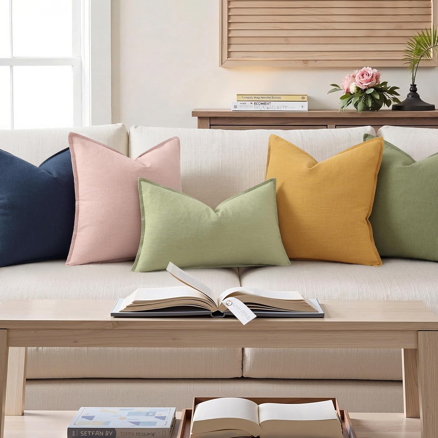 decorUhome Summer Decorative Linen Throw Pillow Covers 12x20 Inch Set of 2 Sage Green Lumbar Pillow Covers with Flange Edges Soft Farmhouse…