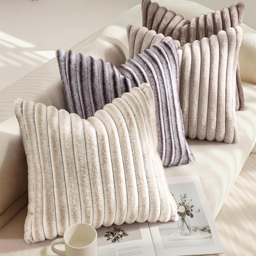 decorUhome Summer Cozy Faux Fur Throw Pillow Covers 20x20 Set of 2 Decorative Soft Plush Striped Modern Farmhouse Boho Couch Pillow Cases w…
