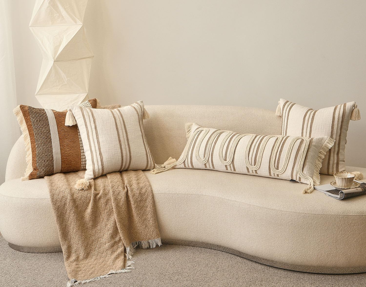 Aibuhome Beige Boho Decorative Throw Pillow Cover 20x20 Square Woven Textured Farmhouse Pillows Cushion Cases for Couch Bed Sofa Living Roo…