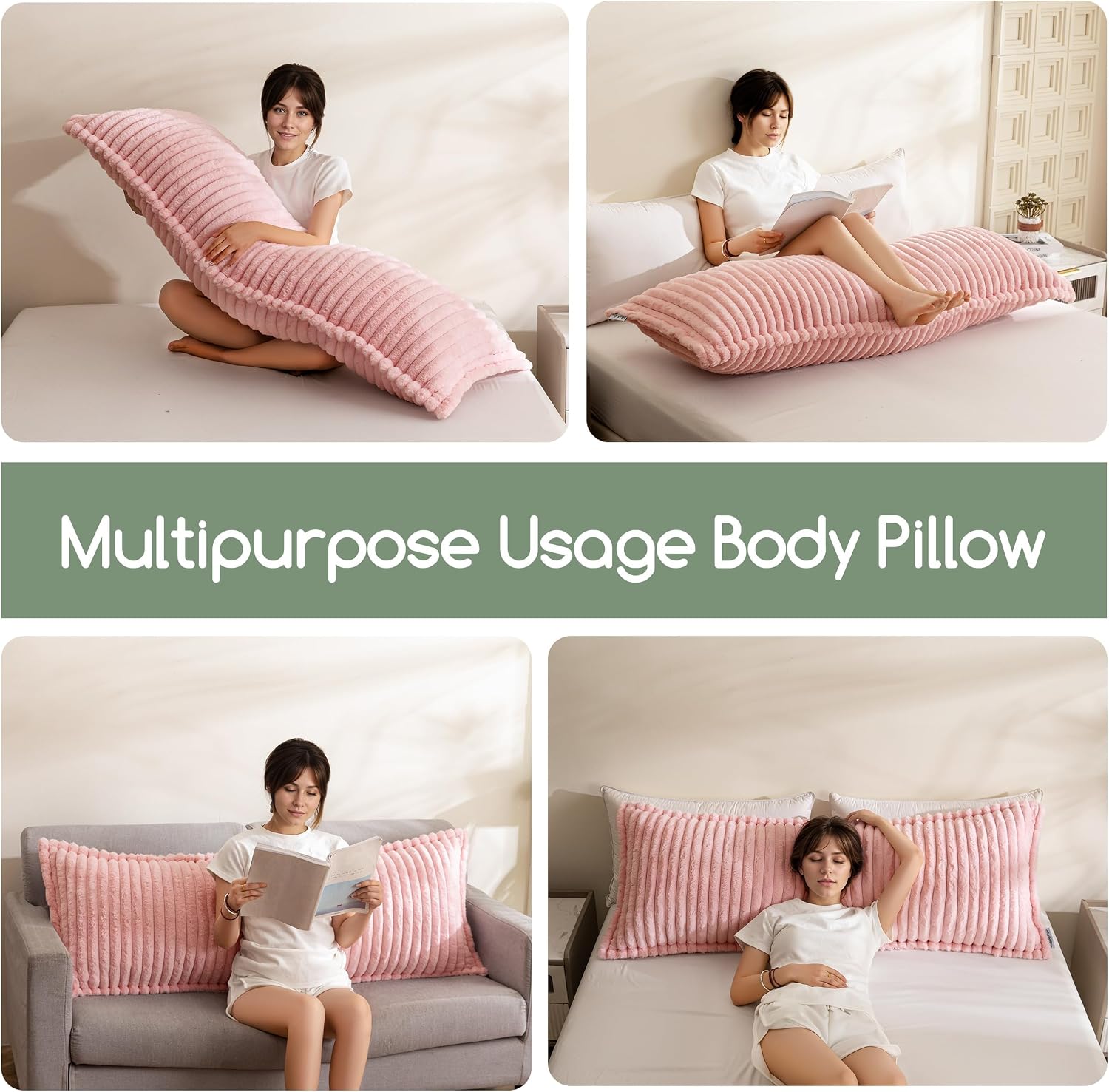 Higogogo Memory Foam Body Pillow, Thickened Large Long Bed Pillow for Adults, Full Body Pillow with Removable Pillow Cover(20x54 Inch), Pink…